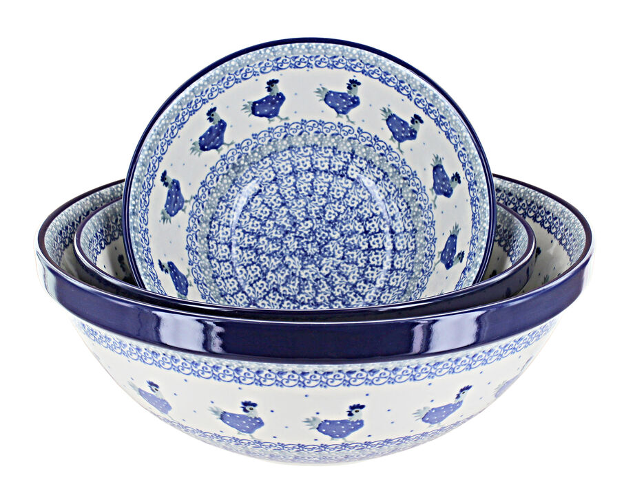 Blue Rose Polish Pottery Eliza 3 Piece Serving Bowl Set