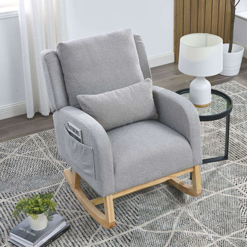 27.5 "W Modern Accent High Back Living Room Casual Armchair Rocker with One Lumbar Pillow, Two Side Pockets, Teddy