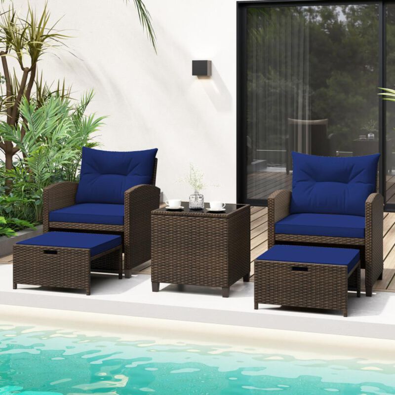 Hivvago 5 Pieces Patio Rattan Furniture with 2 Ottomans and Tempered Glass Coffee Table