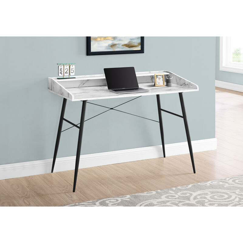 Monarch Specialties I 7539 Computer Desk, Home Office, Laptop, Storage Shelves, 48"L, Work, Metal, Laminate, White Marble Look, Black, Contemporary, Modern