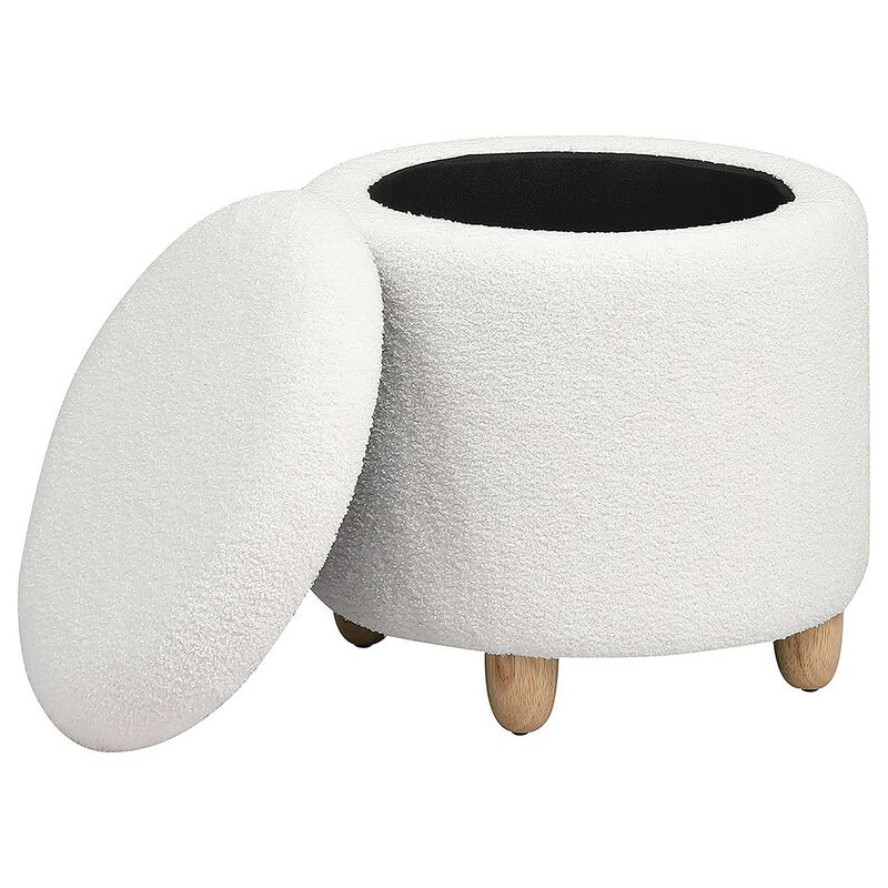 Aia 18 Inch Storage Ottoman, White Faux Sheepskin, Round Rubberwood Feet - Benzara