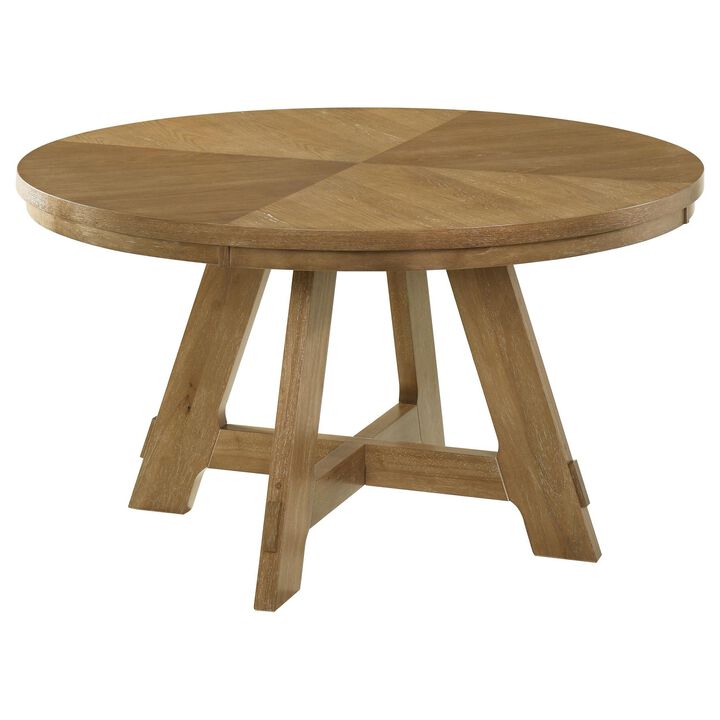 Danie Round Dining Table with Starburst Wedge Top, Brown Wood 54 Inch - Benzara