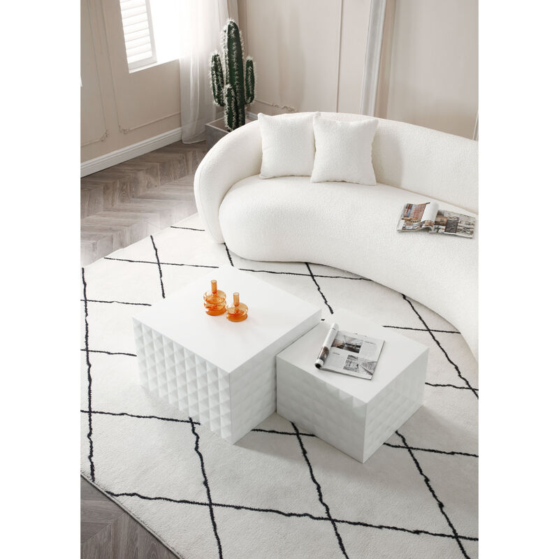 White Square Nesting Table Set of 2, MDF Coffee Table set for Living Room/Leisure Area