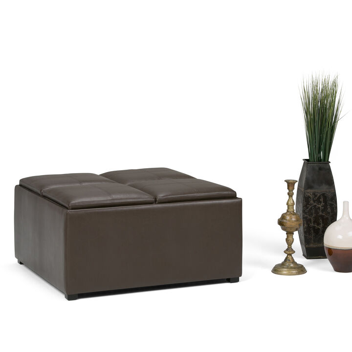 Avalon 35 inch Wide Contemporary Square Coffee Table Storage Ottoman in Chocolate Brown Vegan Faux Leather, Assembled