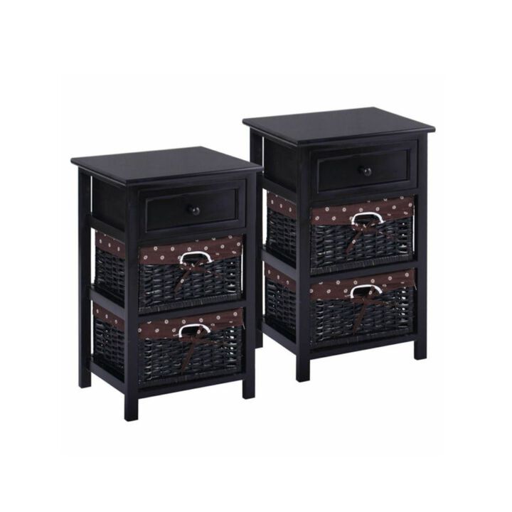 Hivago 3 Tier Set of 2 Wood Nightstand with 1 and 2 Drawer -Black