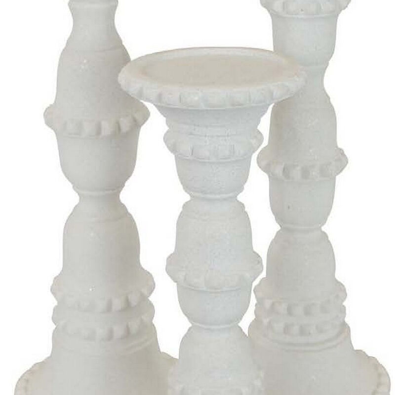 Accent Candle Holder Set of 3, Tall Pillars, Heavy Base, White Resin - Benzara