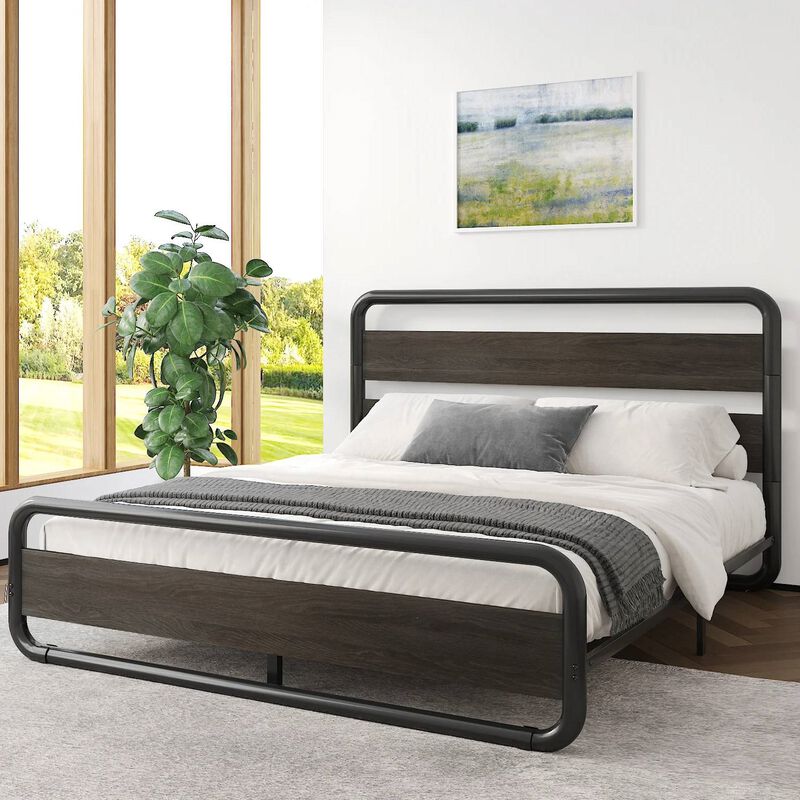 QuikFurn Full Heavy Duty Round Metal Frame Platform Bed with Black Wood Panel Headboard