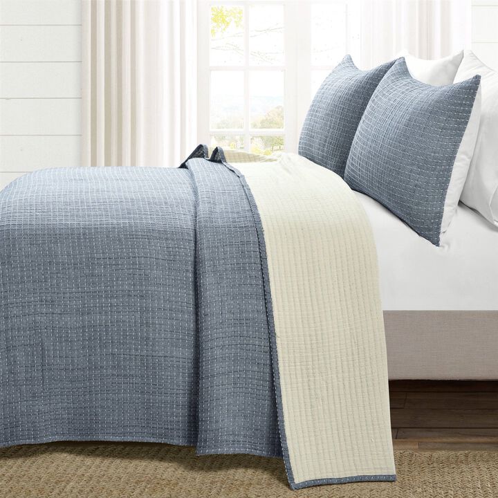 Hivvago King Size 3 Piece Reversible Woven Cotton Quilt Set in Navy Cream