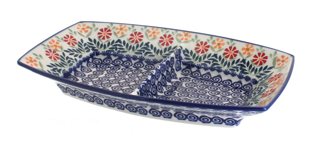 Blue Rose Polish Pottery Red Daisy Divided Dish