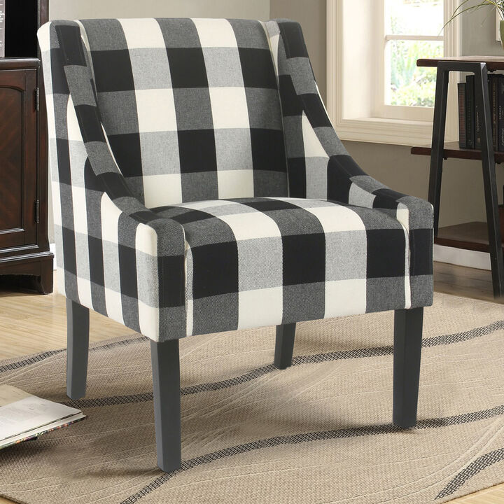 Fabric Upholstered Wooden Accent Chair with Buffalo Plaid Pattern, Black and White - Benzara