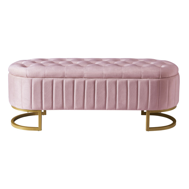 Elegant Upholstered Velvet Storage Ottoman with Button-Tufted, Storage Bench with Metal Legs for Bedroom, Living Room, Fully Assembled Except Legs, Pink