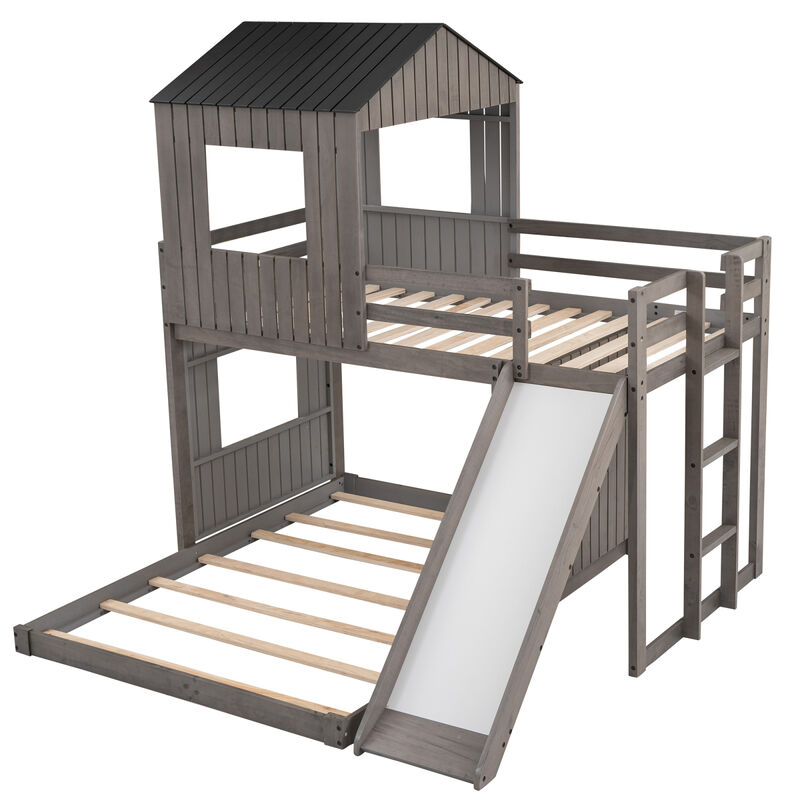 Wooden Twin Over Full Bunk Bed, Loft Bed With Playhouse, Farmhouse, Ladder, Slide And Guardrail