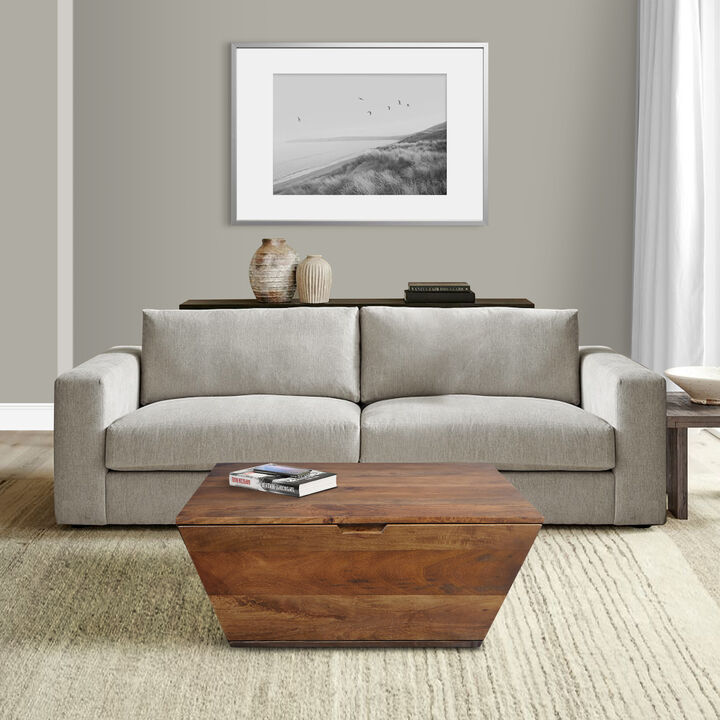 36 Inch Handcrafted Modern Farmhouse Coffee Table, Geometric Angled Square, 1 Drawer, Walnut Mango Wood - Benzara