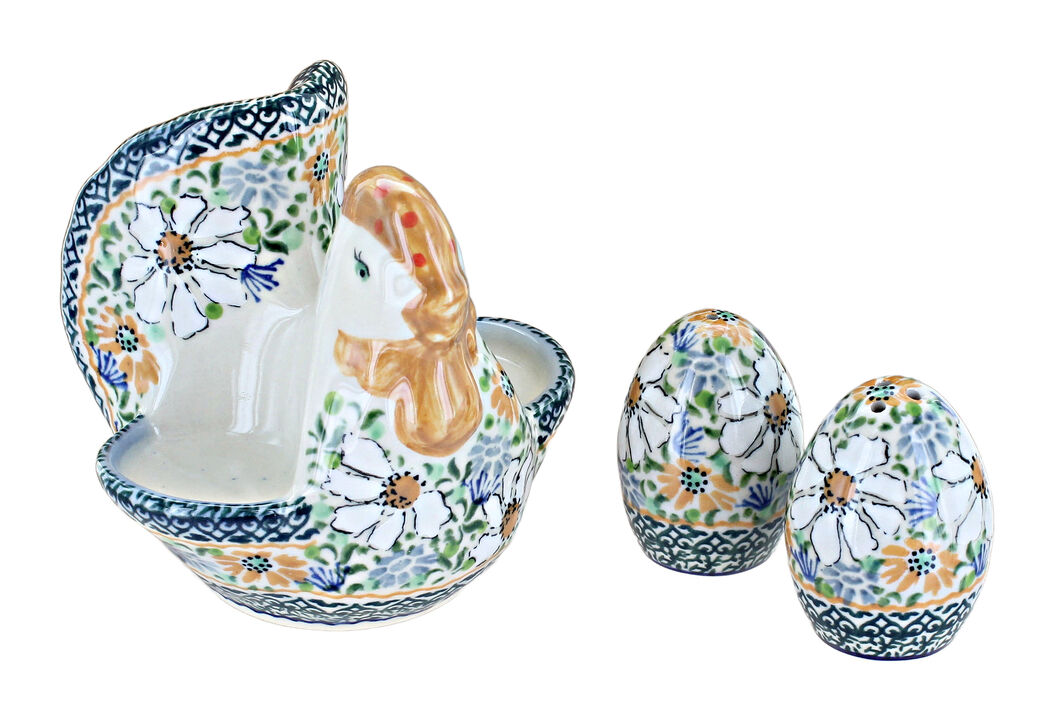 Blue Rose Polish Pottery Enchanted Garden Hen Salt & Pepper Shakers