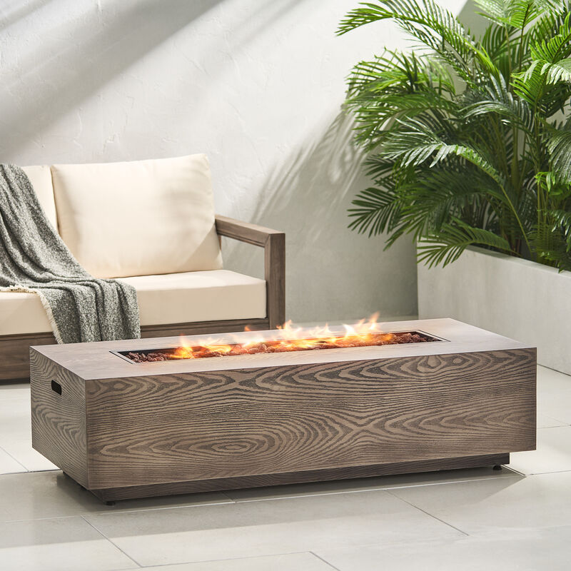 AIDAN RETANGLE IRON FIRE PIT - 50,000 BTU TANK OUTSIDE