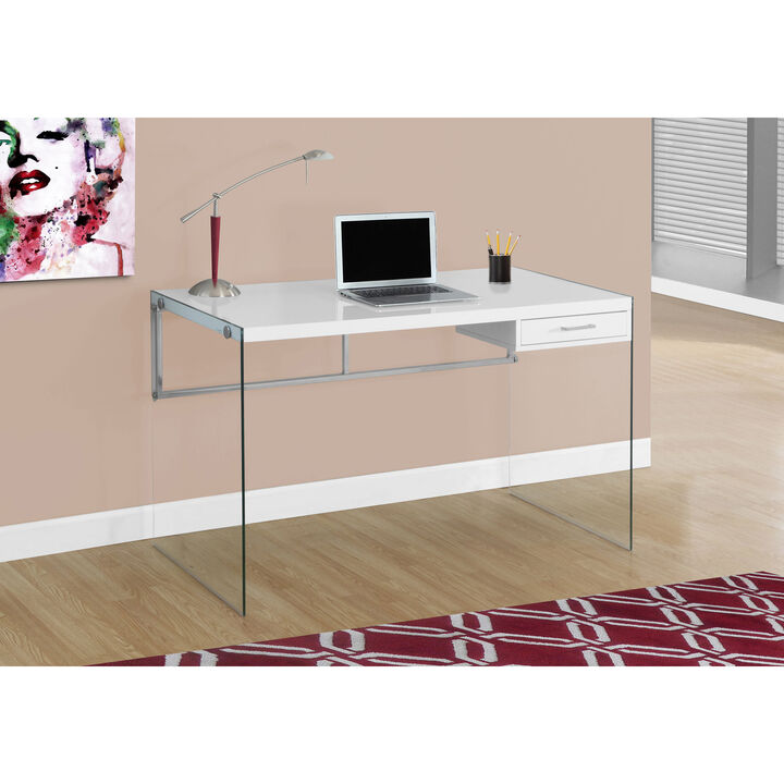 Monarch Specialties I 7209 Computer Desk, Home Office, Laptop, Storage Drawers, 48"L, Work, Tempered Glass, Laminate, Glossy White, Clear, Contemporary, Modern