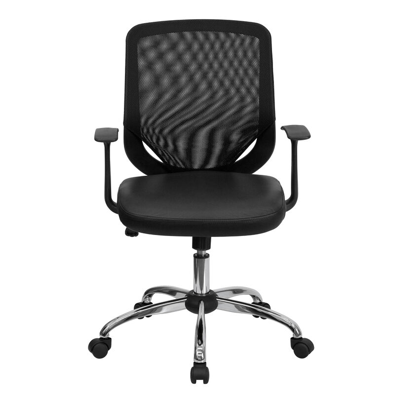Norris Mid-Back Black Mesh Tapered Back Swivel Task Office Chair with LeatherSoft Seat, Chrome Base and T-Arms