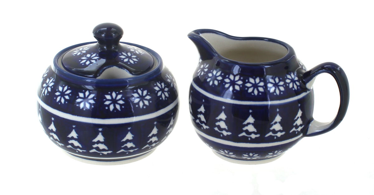 Blue Rose Polish Pottery Bed of Flowers Sugar & Creamer Set