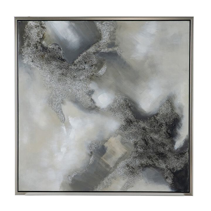 39 x 39 Stormy Skies Framed Handpainted Wall Art, Square, Canvas, Gray  - Benzara
