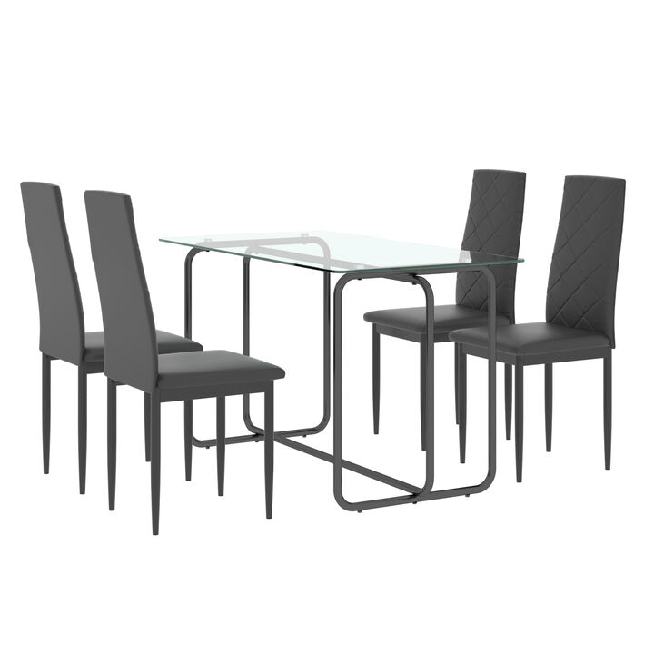 5-piece Rectangle Dining Table Set, Tempered Glass Dining Table for Kitchen Room, (Transparent+Black)