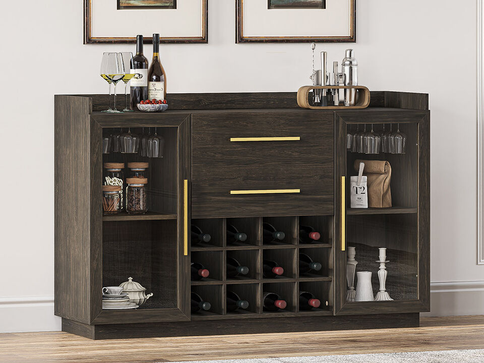 BELLEZE 55" Wine Cabinet, Sideboard Buffet with Wine Rack and Glass Holder, Home Coffee Bar Freestanding Liquor Cabinet with Display Glass Doors for Living Room, Dining Room - Marcel (Brown)