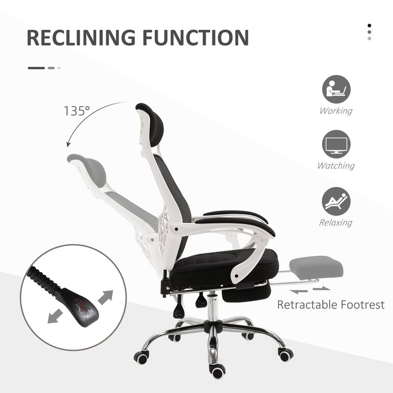 Black/White Executive Chair: High Back 360° Swivel Recliner with Footrest