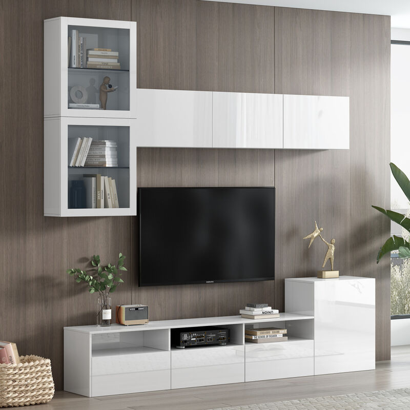 75" White TV Stand with Floating Wall Storage