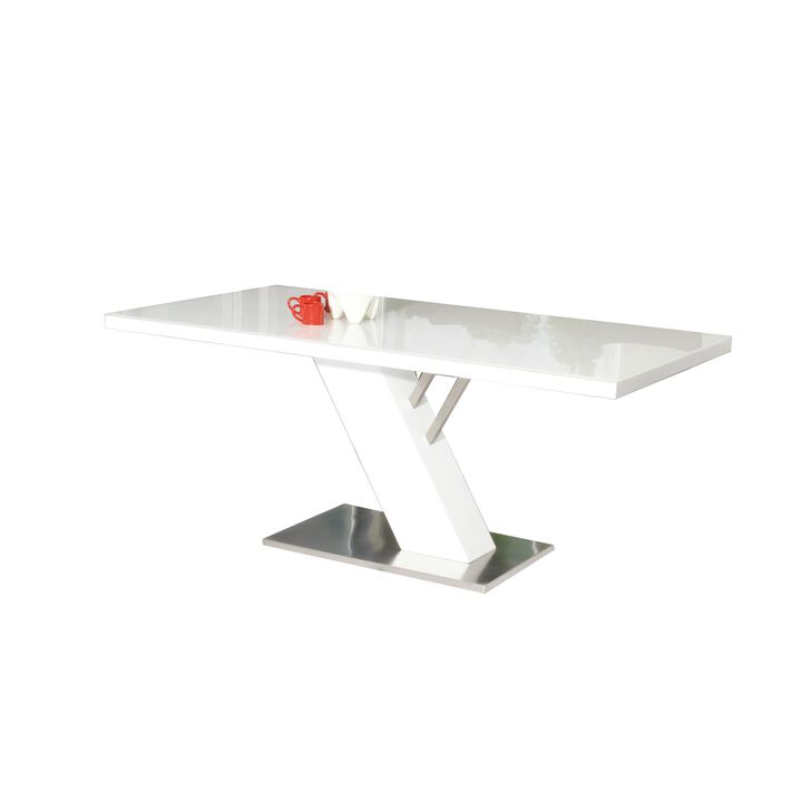 63 Inch Dining Table, Modern White Lacquered Rectangular Top, Steel Base - Benzara