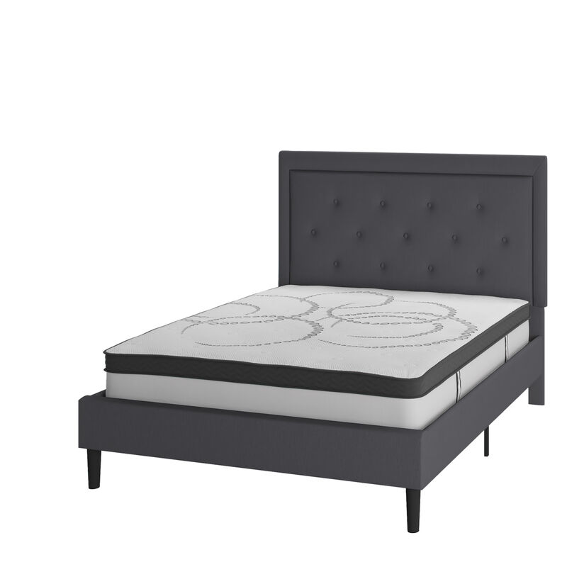 Roxbury Full Size Tufted Upholstered Platform Bed in Dark Gray Fabric with 10 Inch CertiPUR-US Certified Pocket Spring Mattress