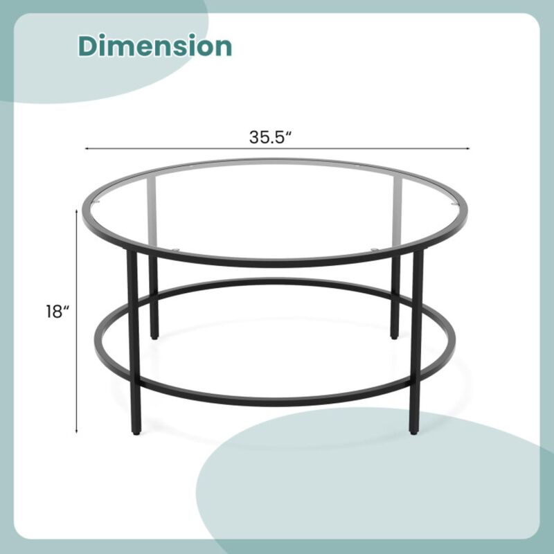 Hivvago 35.5 Inch Round Coffee Table with Tempered Glass Tabletop