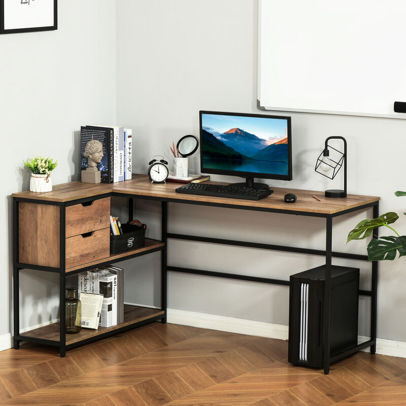 L-Shaped Home Offie Computer Desk with Storage Shelves, 2 Dawers and Industrial Steel Frame, Black/Brown