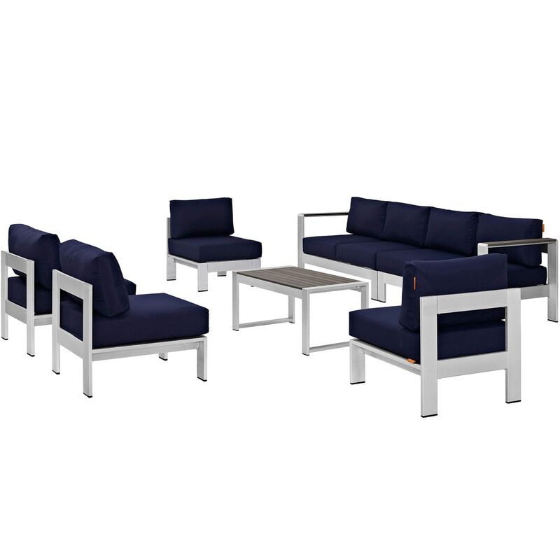 Shore Outdoor Patio Collection - Durable Aluminum Frames - Weather Resistant - 7 Piece Sectional Sofa Set - Silver Navy