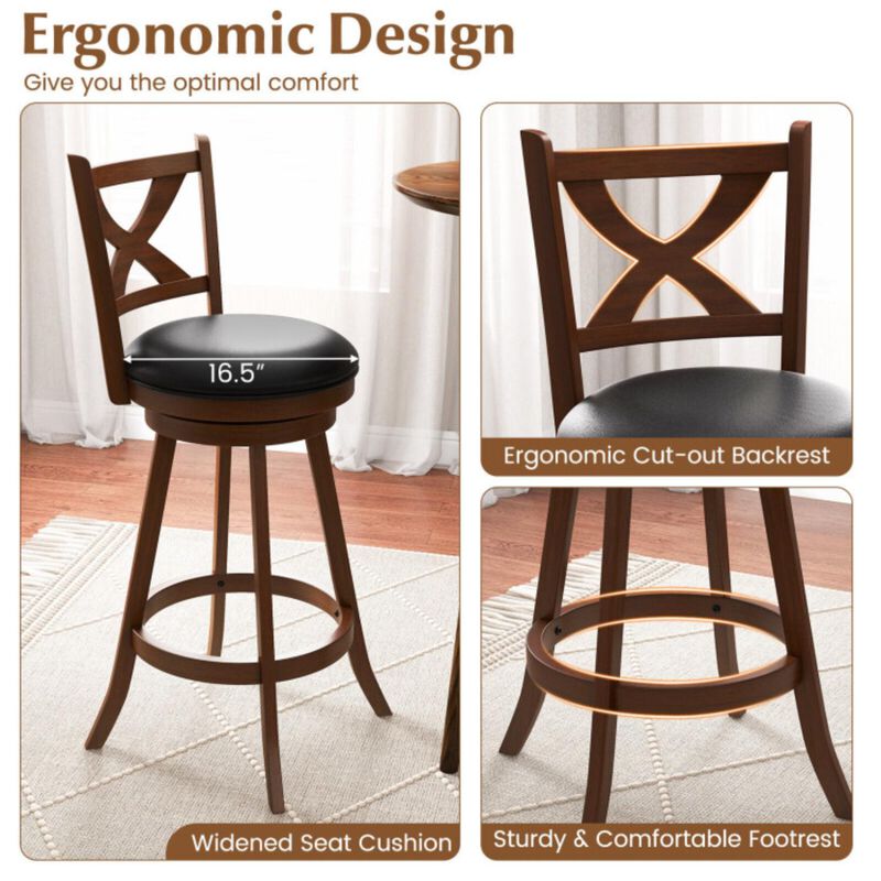 Hivvago 2 Pieces Classic Counter Height Swivel Bar Stool Set with X-shaped Open Back