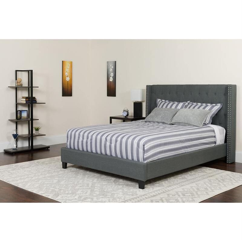 Riverdale King Size Tufted Upholstered Platform Bed in Dark Gray Fabric with Pocket Spring Mattress