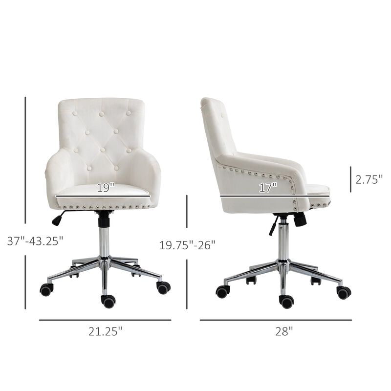 White home office desk chair with nailhead trim and button-tufted back design, suitable for computers.