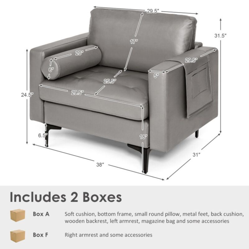 Hivvago Modern Single Sofa with Cushion Bolster and Side Storage Pocket