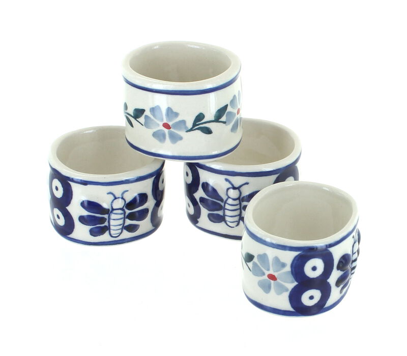 Blue Rose Polish Pottery Red Daisy Napkin Ring Set