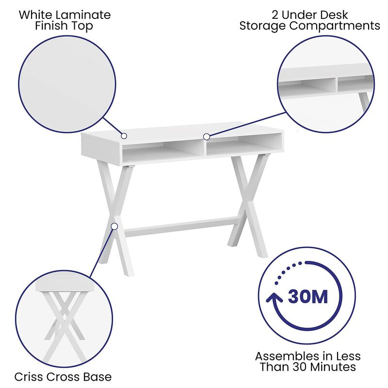 Flash Furniture Dolly Computer Desk - White Writing Desk with Open Storage Compartments - 42" Long Home Office Desk Table for Bedroom