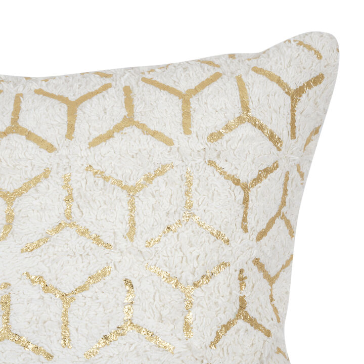 Pasargad Home Grandcanyon Geometric Gold Foil Cotton Pillow, White