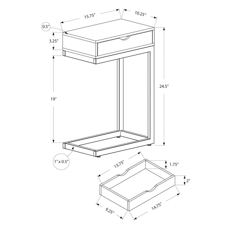 Monarch Specialties I 3407 Accent Table, C-shaped, End, Side, Snack, Storage Drawer, Living Room, Bedroom, Metal, Laminate, Grey, Black, Contemporary, Modern