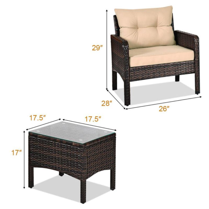 Hivvago 3 Pieces Outdoor Patio Rattan Conversation Set with Seat Cushions