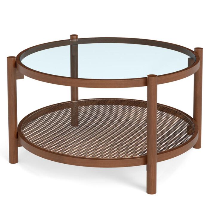 Hivvago 2-Tier Round Coffee Table with Tempered Glass Top for Living Room