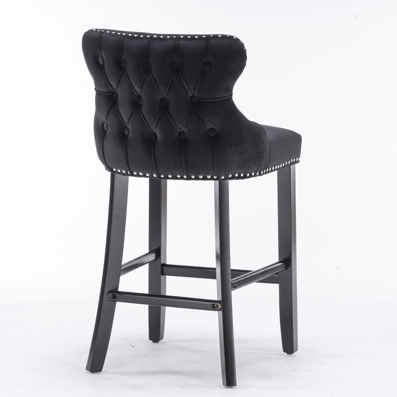 Contemporary Velvet Upholstered Wingback Bar Stools with Button Tufted Decoration and Wooden Legs, and Chrome Nailhead Trim, Leisure Style Bar Chairs, Bar stools, Set of 2 (Black)