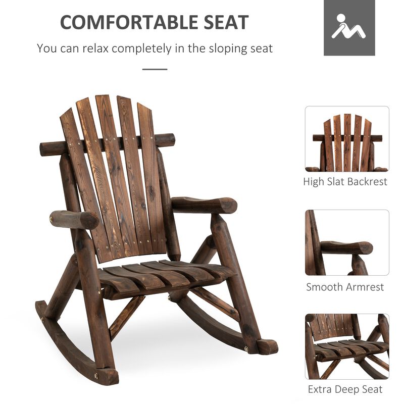 Carbonized Wood Adirondack Rocking Chair, Rustic Log Rocker with Slatted Design for Patio