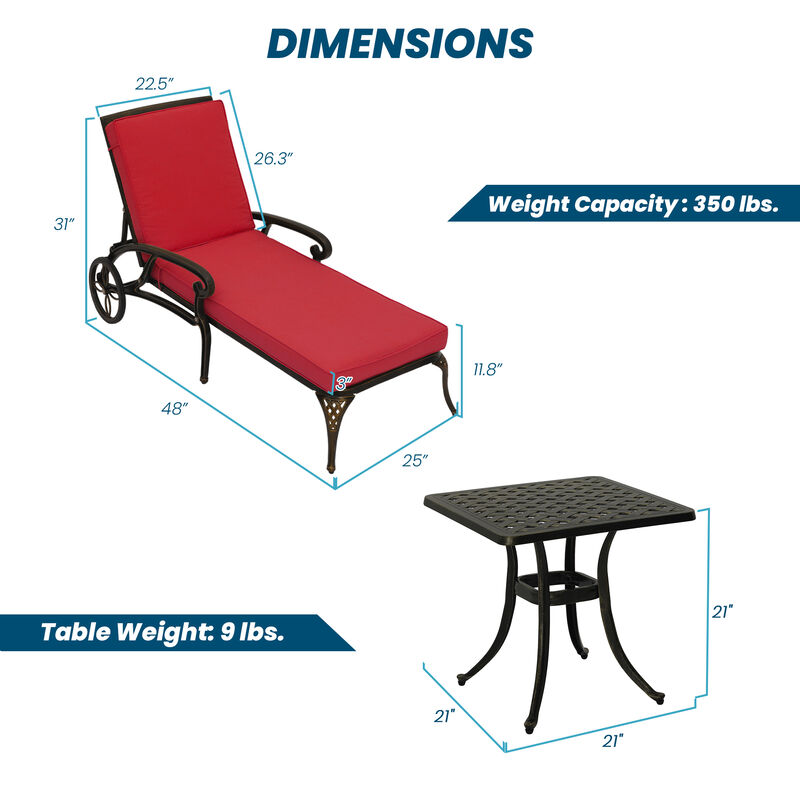 MONDAWE 3-Piece Outdoor Chaise Lounge with Cushion and Cast Aluminum Side Table