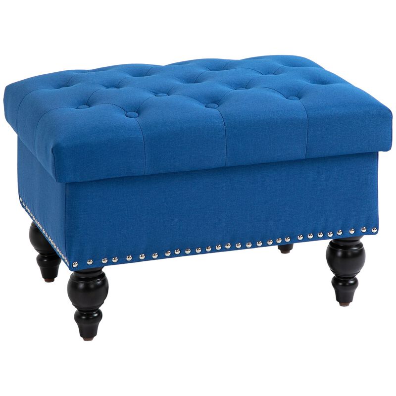 Blue Versatile Seating: 25" Tufted Storage Ottoman with Wood Legs