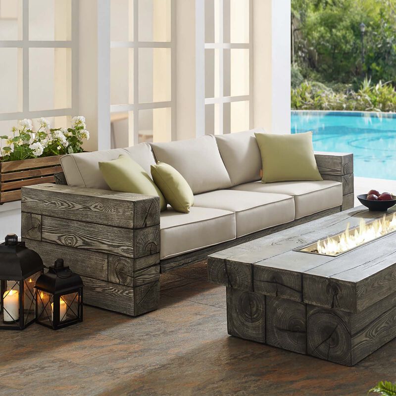 Manteo Outdoor Patio Sofa - Rustic Coastal Design, Driftwood Texture, All-Weather Cushions, Sturdy & Reliable, Perfect for Outdoor Spaces.