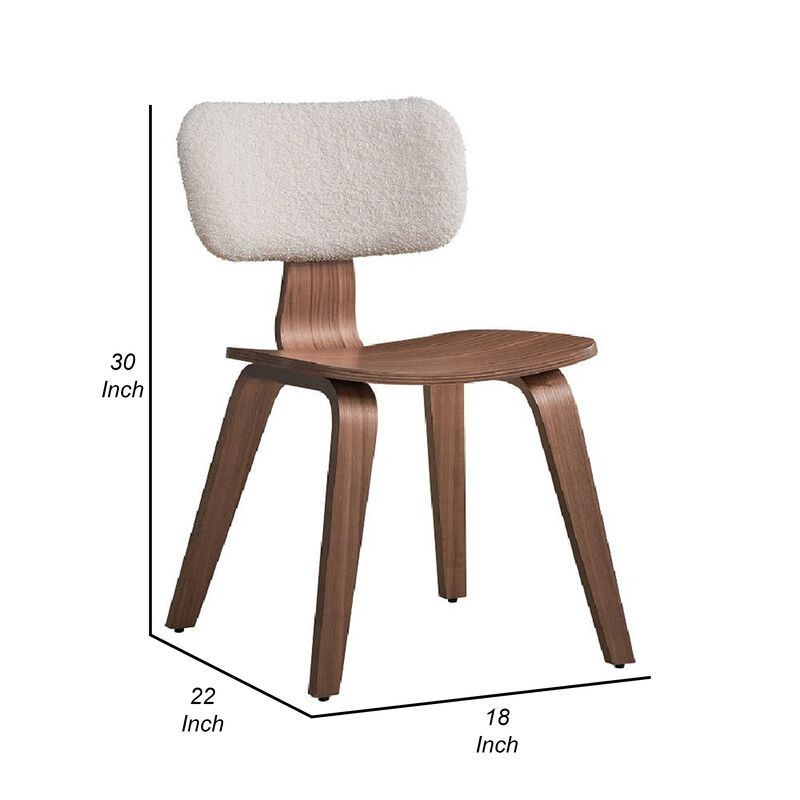 Aon 22 Inch Side Dining Chair Set of 2, Curved, White Boucle, Walnut Brown - Benzara