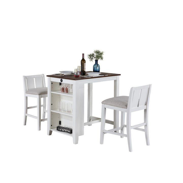 Ham 3 Piece Counter Height Compact Dining Table, Chair Set, White Wood - Benzara