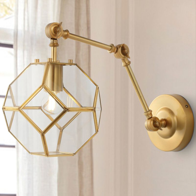 Honeycomb 7.5" 1-Light Modern Contemporary Arm-Adjustable Iron/Glass LED Sconce, Brass Gold/Clear